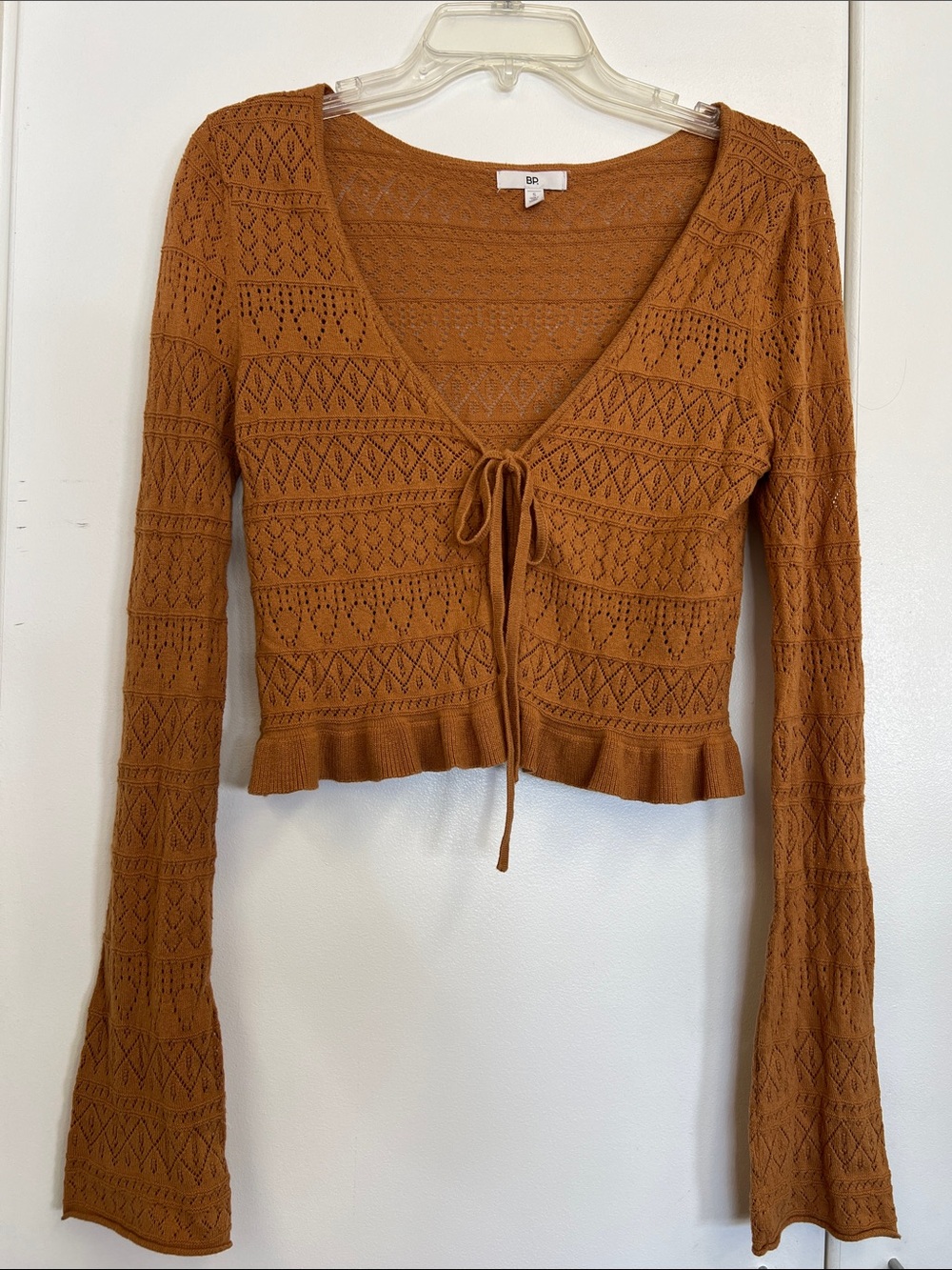 BP Brown Rust Tie-Front Openwork Knit Cardigan Sweater Cropped Long Sleeve Vneck